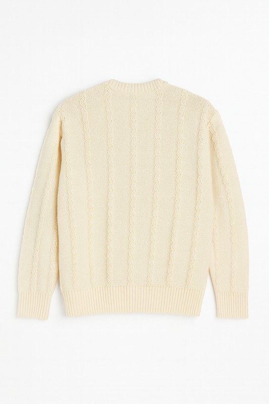 Cream Cable-Knit Crewneck Sweater – Classic Textured Pullover